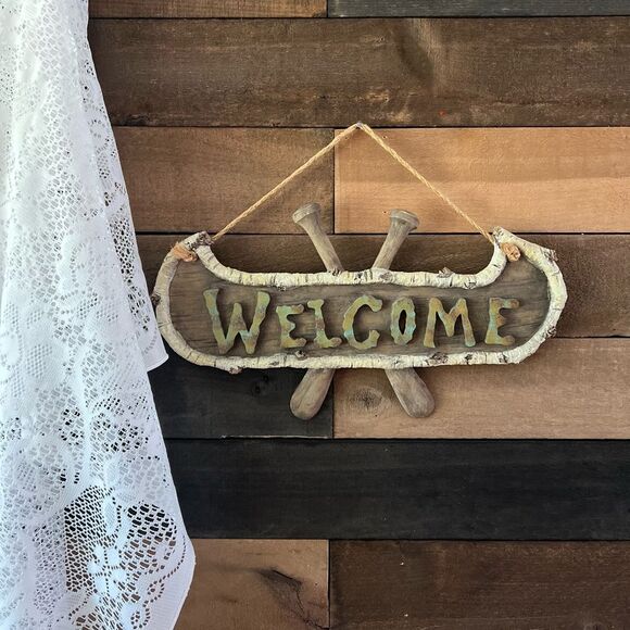 Welcome Sign Birch Wood Style Canoe with Paddles Rustic Lake House Home Decor - Picture 7 of 7
